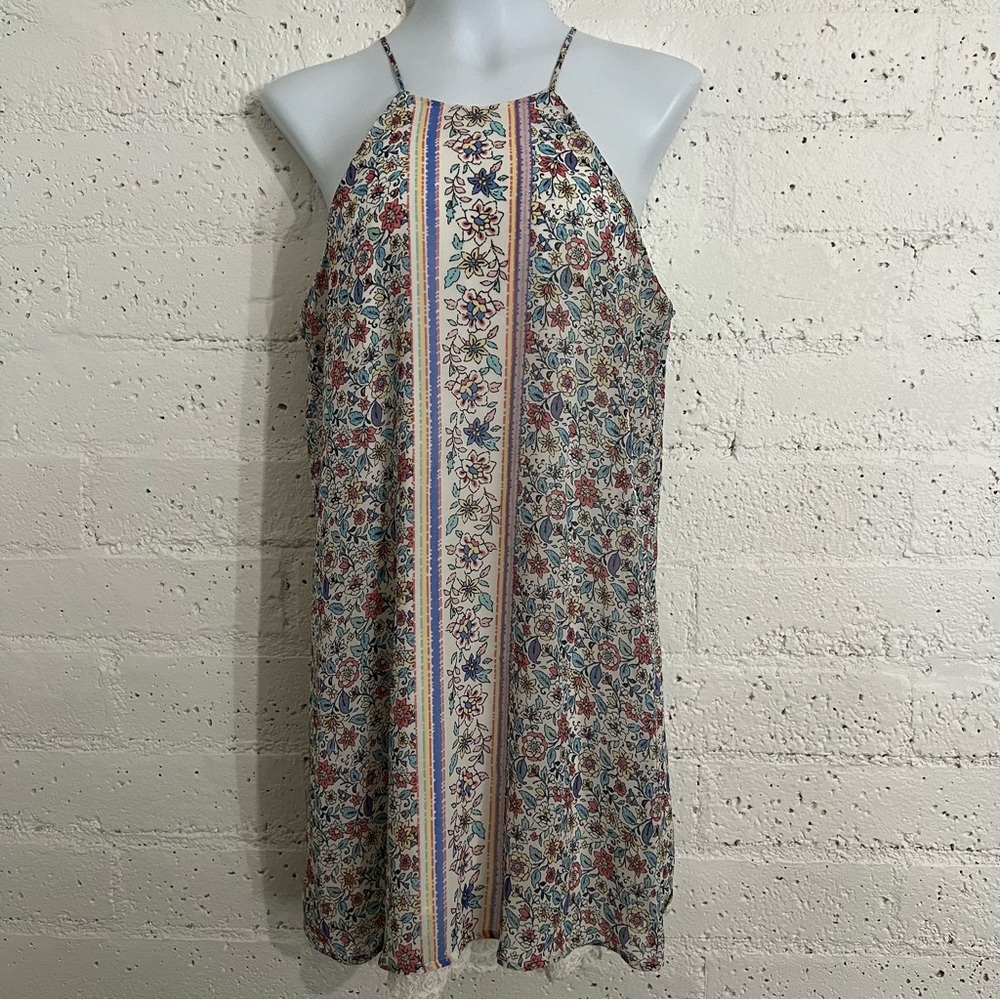 AUW Womens Dress L Blue Pink Floral Lined Halter Lace Hem G5